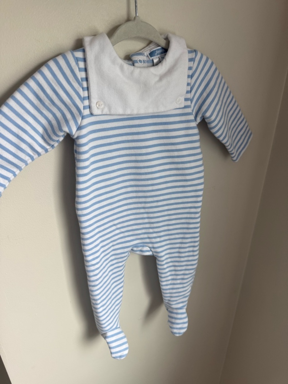 Jacadi Organic Cotton Striped Footie in Blue & White w Collar 6 Months - Picture 3 of 5